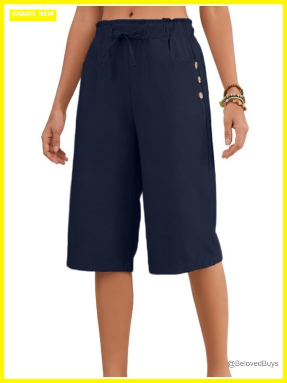 100% Cotton Capri Pants Wide Leg Drawstring High Waisted Cropped Trousers